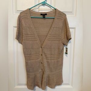 NWT Macy’s Style & Co tan/gold metallic knit sweater, ruffle bottom, cardigan, L